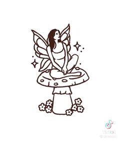 a drawing of a fairy sitting on top of a mushroom with stars in the background