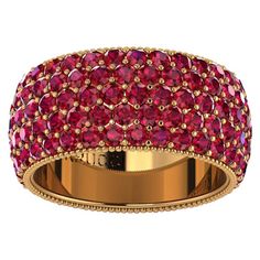 Wide red Ruby pave' ring, with a slightly dome feeling, a wrap of deep, bright red, for an approximate total carat weight of 4.60 carats, hand made in New York City with the best Italian craftsmanship, conceived in 18k yellow gold. Classic, sophisticated, gorgeous look, everlasting in time style. This is a Ring size 7, we offer the complimentary custom size upon order. Ruby Eternity Ring, Ruby Band Ring, Sapphire Eternity Band, Ruby Bands, Gold For Sale, Ruby Jewelry, Unique Diamonds, Domed Ring, Fabulous Jewelry