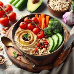 a bowl filled with hummus, carrots, cucumbers and broccoli