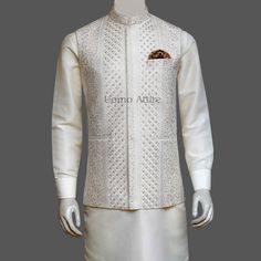 Bespoke slim fitted micro embellished waistcoat - Uomo Attire Fitted Nehru Jacket With Intricate Embroidery For Party, Fitted White Luxury Nehru Jacket, Fitted Luxury White Nehru Jacket, White Fitted Luxury Nehru Jacket, Luxury Fitted White Nehru Jacket, Party Nehru Jacket With Intricate Embroidery, Elegant Embellished Fitted Nehru Jacket, Elegant Embroidered Sleeveless Vest, Fitted Elegant Nehru Jacket For Festive Occasions