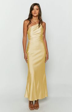 * Yellow Maxi Formal Dress    *     * HOW TO STYLE:   * Be the belle of the ball () at your next event in this stunning yellow satin gown! Featuring a one shoulder strap and gathering throughout the bodice, this maxi dress () is perfect for formals and bridesmaid dresses. Style with dainty gold jewellery () and strappy heels to complete the look!   *     * FEATURES:   * Adjustable asymmetric straps   * Gathered material through bust    * Lined   * Invisible side zip   * Light-weight satin materi Yellow Bridesmaid Dresses, Grade 10, Backless Maxi Dress, Wedding Women, Yellow Bridesmaids, Maxi Dress For Women, Yellow Maxi, Rainbow Wedding, Yellow Satin