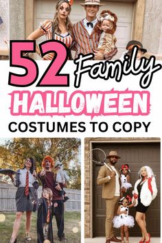 some people are dressed up in costumes and posing for pictures with the caption 52 family halloween costumes to copy