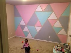 Triangle Accent Wall, Girls Room Paint, Geometric Wall Paint, Wall Paint Patterns, Kids Room Paint, Diy Wall Painting, Triangle Wall, Diy Accent Wall, Accent Wall Paint