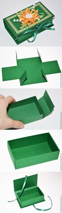 four different views of the inside of a green gift box with ribbon and flower on it