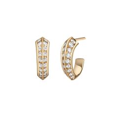 You'll reach for these hoops again and again. Our signature Eva style finds a home on your ears with these knife-edged hoops. Perfect for everyday wear by themselves or paired with other earring silhouettes in multiple piercings. With a butterfly fastening for pierced ears Available in yellow, rose or white gold Diamonds cover 3/4 of hoop, wrapping around the bottom Diamond carat weight: 0.6 13mm outer diameter Availability: Yellow, Rose & White Gold in stock. Selin Kent, Jewellery Advertising, Art Jewelry Design, Cognac Diamonds, Engagement Rings Vintage Halo, Diamond Necklace Designs, Mini Earrings, Gold Earrings Designs, Brown Diamond