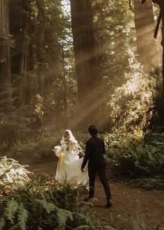 a bride and groom walking through the woods in their wedding attire with sunbeams shining down on them