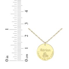 Congratulate them with this darling round disc baby stats necklace. 10K yellow gold Baby's name is engraved above "ABC" letter blocks Date, weight, length and time of birth—or any other information you prefer—is recorded along the bottom edge Adjustable 18-inch rope chain with spring ring clasp 14k Gold Name Necklace, Keepsake Yellow Gold Name Jewelry, Customizable Round Yellow Gold Name Necklace, Customizable Yellow Gold Round Name Necklace, 14k Stamped Necklaces For Birthday, 14k Stamped Round Necklace For Birthday, Round Jewelry With Hallmarks For Birthdays, Engraved Yellow Gold Name Necklace For Birthday, Personalized Round 14k Gold Name Necklace