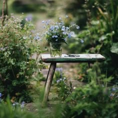 a wooden bench with flowers on it in a garden