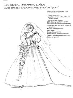 a drawing of a woman in a wedding gown with flowers on the skirt and veil