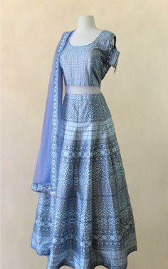 Silver Blue Digital Print Lehenga - Frontier Heritage Formal Blue Choli With Zari Work, Formal Blue Embroidered Lehenga, Blue Fitted Lehenga For Transitional Season, Blue Formal Choli For Festive Occasions, Blue Festive Formal Choli, Festive Blue Formal Choli, Blue Silk Lehenga With Motifs, Blue Silk Sets With Motifs, Fitted Light Blue Embroidered Lehenga