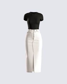 Give them something to daydream about in this two-piece set 🤤 The perfect look for making sure you linger in their mind - this fit features a black jersey top paired with a white denim maxi skirt 🖤 White High Waist Maxi Skirt For Day Out, Trendy White Maxi Skirt For Day Out, Modest Office Wear, White Denim Maxi Skirt, Minimalist Work Outfit, Rok Outfit, Ropa Aesthetic, Modesty Outfits, Cute Modest Outfits