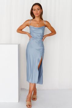 Length from bust to hem of size S: 115cm. Blue midi dress. Lined. Cold hand wash only. Model is a standard XS and is wearing size XS. True to size. Lightweight, non-stretchy woven burnout satin fabric. Adjustable lace-up back. Invisible back zipper. Polyester. Our Drinks On Me Midi Dress screams vibes whenever you wear it! Exuding elegance from dusk to dawn, this sophisticated gown features a satin finish, a cowl neckline, and our favourite lace-up back. If you're attending the Spring Carnival o Elegantes Party Outfit, Midi Dress Blue, Marine Uniform, Semi Formal Dresses, Wedding Formal, Grad Dresses, Guest Dress, Dresses To Wear To A Wedding, Blue Midi Dress