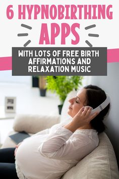 a pregnant woman laying on the couch talking on her cell phone with text overlay reading 6 hypnobbithing apps