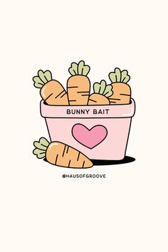 a pink bucket filled with carrots sitting on top of a white floor next to a heart