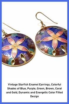 ♥ These fabulous earrings have an array of bold and deep colors on a sand dollar shaped round disk. I have added a pair of ear wires which are sterling silver with gold vermeil. The dangles themselves are fashion jewelry. From the top of the hook, these earrings are 1 7/8 inches long. The disk itself is 1 1/4 inches in diameter. Express your individuality! Stand out from the crowd just a little bit more by wearing an adornment that is uncommon, unique, and perhaps one of a kind when it comes to Vintage Round Earrings For Summer, Vintage Multicolor Summer Jewelry, Multicolor Metal Earrings For Beach, Multicolor Metal Earrings For The Beach, Artistic Blue Jewelry For Summer, Colorful Round Earrings For Beach, Retro Multicolor Jewelry For Beach, Retro Multicolor Beach Jewelry, Earrings Colorful