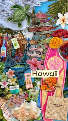 a collage of hawaiian food and beach items with the words hawaii written on it