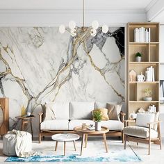 a living room with marble walls and furniture