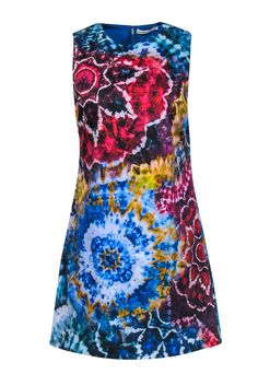 Current Boutique-Alice & Olivia - Multicolor Tie-Dye Print Sleeveless Shift Dress Sz 6 Casual Sleeveless Dress With Batik Print, Multicolor Bohemian A-line Sleeveless Dress, Bohemian Multicolor A-line Sleeveless Dress, Multicolor Sleeveless Dress With Vibrant Print, Multicolor Sleeveless Hippie Dresses, Colorful Sleeveless Festival Dress, Hippie Multicolor Sleeveless Dresses, Multicolor Batik Print Summer Dress, Fitted Floral Dress