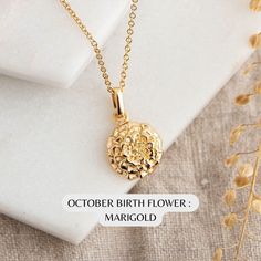 October Birth Flower Necklace : Gold Plated Sterling Silver Marigold Necklace  Personalised Birthday Gift for Her - October Birthday Gift Idea Each month of the year is associated with a special flower. October's flower is the marigold. As October's birth flower, the marigold holds special meaning for individuals born in this month. The marigold is said to represent a stubborn determination to succeed and is associated with the qualities of being passionate and creative. Made from gold plated st Gold Flower Necklaces For Celebration, Gold Flower Jewelry For Birthday, Gold Necklace With Birthstone For Birthday, Gold Flower Necklace As Gift, Gold Flower Shaped Jewelry For Birthday, Gold Flower-shaped Jewelry For Birthdays, Gold Flower Necklace For May Birthstone, Yellow Gold Birth Flower Jewelry For Birthday, Yellow Gold Jewelry With Birth Flower For Birthday