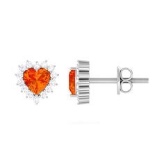 Lab Grown Orange Sapphire Heart Earrings with Diamond Lab Created Orange Sapphire - ( AAAA ) - Quality - Rosec Jewels Luxury Red Heart Cut Earrings, Heart-shaped Orange Jewelry For Gift, Red Heart-shaped Brilliant Cut Jewelry, Elegant Orange Heart-shaped Jewelry, Valentine's Day Heart-shaped Diamond Earrings, Orange Cut, Orange Sapphire, Sapphire Earrings, Vibrant Orange