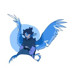 an anime character sitting on top of a blue bird with wings spread over their shoulders