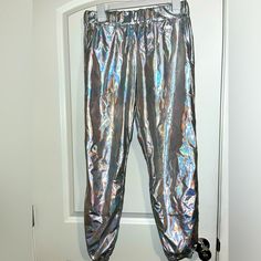 Metallic Stretchy Joggers. Super Fun! I Originally Purchased These For Renaissance. New- Never Worn Metallic Stretch Casual Pants, Casual Metallic Bottoms With Elastic Waistband, Casual Metallic Stretch Pants, Track Pants, Pant Jumpsuit, Pants For Women, Track, Pants, Silver