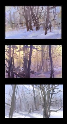 three different views of trees in the snow