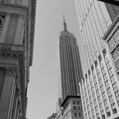 looking up at the empire building in new york city, from an alleyway between two buildings