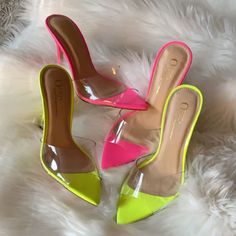 Bran New Never Used Pretty Comfortable Perfect To Make Any Outfit Pop! Trendy Yellow Heels For Party, Chic Neon Yellow Pointed Toe Heels, Chic Neon Yellow Heels, Trendy Yellow High Heels, Trendy Yellow Pointed Toe Heels, Lime Green High Heels, Yellow Slides, Neon Yellow, Neon Pink