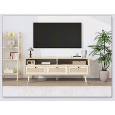 an entertainment center with two drawers and a television mounted on the wall in front of it