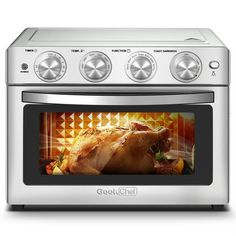 a stainless steel oven with a turkey cooking in it's door and the words, get glob