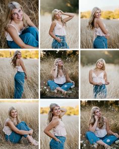 a beautiful blonde woman sitting in tall grass