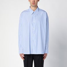 Blue and white striped cotton shirt from Studio Nicholson featuring a pointed collar, front button placket, long sleeves and button cuffs. Navy Striped Shirt, Studio Nicholson, Blue Striped Shirt, Wide Jeans, Tshirt Skirt, Chambray Shirt, Shirt Skirt, Silk Shirt, Blue Shirt