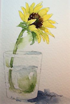 a watercolor painting of a sunflower in a glass