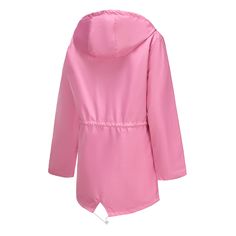 Women's Long Waterproof Jacket Solid Color Zipper Jacket with Hoode Casual Pink Parka With Detachable Hood, Pink Nylon Hooded Jacket With Long Sleeves, Pink Long Sleeve Nylon Hooded Jacket, Winter Outerwear For Rainy Weather, Hooded Nylon Raincoat For Outdoor Activities, Solid Hooded Raincoat For Winter, Solid Hooded Winter Raincoat, Pink Hooded Parka With Detachable Hood, Hooded Raincoat For Winter