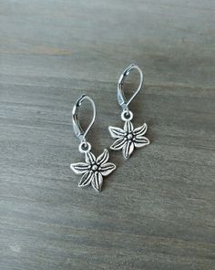 ✿ Antique Silver Flower Charm Earrings    These earrings are versatile, lightweight, and comfortable to wear. They will go with almost any outfit. They are great for gift giving or as a treat for yourself. ✿ Measurements:  The drop size is less than 1 inch, or approximately 0.70 inch. The total length (including hook) is around 1.0 inches. ✿ Colors may slightly vary due to the differences in screen monitor settings vs. real life lightings.  Shipping:   This item will ship within 2 business (non- Silver Flower Earrings With Lever Back, Dainty Dangle Flower Earrings Nickel Free, Adjustable Flower-shaped Earrings For Pierced Ears, Bohemian Star-shaped Nickel-free Earrings, Nickel-free Dainty Drop Flower Earrings, Dainty Nickel-free Flower Drop Earrings, Dainty Nickel-free Drop Flower Earrings, Dainty Nickel-free Flower-shaped Earrings, Bohemian Silver Earrings With Flower Charm