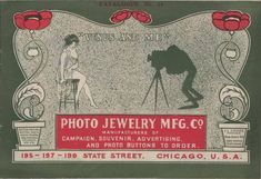 an advertisement for jewelry from the chicago, illinois department of fine arts and crafts shows a woman on a tripod