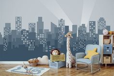 a child's room with a giraffe mural and toys on the floor