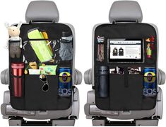 two back seats with various items in them and one has an ipad on the back