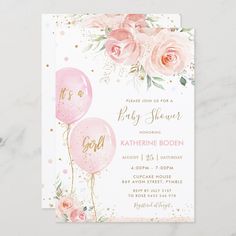 a pink and gold baby shower party with balloons, flowers, and confetti