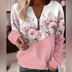 Floral Print Sweatshirt Style, Oversized, Zip Up Top. Brand New In Package! Originally $23.49 Pink & White. Oversized. Fits Small To Medium. Measurements Approx Bust 41” Length 26.8” Vintage Quarter Zip, Sweatshirts For Women, Cute Sweatshirts, Hipster Fashion, Loose Sweater, Print Sweatshirt, Casual Sweatshirt, Pullover Sweatshirts, Printed Sweatshirts