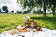 a picnic is set out in the grass with food and drinks on it's table