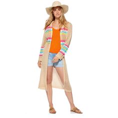 Layer Your Look With Scoop’s Long Sleeve Cardigan Featuring An Open Knit Finish And Colorful Contrast Stripes To Complement Your Warm-Weather Style. Approx. Model Measurements: Height: 5’10”, Waist: 26”, Bust: 33”, Hips: 36” Model Is Wearing A Size S Attached Hood Open Front Long Sleeves Cozy Beige Beach Sweater, Beige Casual Sweater For Beach, Casual Beige Beach Sweater, Beige Casual Sweater For Vacation, Casual Beige Sweater For Vacation, Casual Beige Outerwear For Beach, Casual Beige Outerwear For The Beach, Cream Sweater For Beach In Fall, Knit Winter Vacation Outerwear