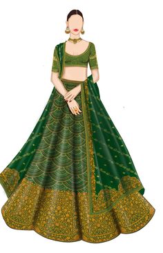 a woman in a green and gold lehenga