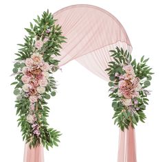 an arch decorated with pink flowers and greenery