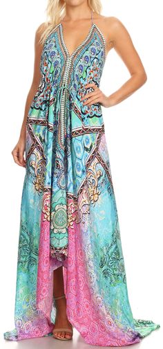 One size regular: Bust 38" (96.5 cm), Length 47" (119 cm). US 0-10, EU 30-40, UK 4-14. Shell: Silky polyester with colorful digital print. Care: Wash cold, iron from the reverse, hang dry. Dry clean recommended. Striking and dazzling maxi halter dress with embellishment and precious rock like tassels. Silky texture and light as a feather. This lovely dress features a built-in waist and shoulder tie, perfect to accommodate it to your body type. It also features a handkerchief hem and lots of volu Long Dress Beach, Maxi Halter Dress, Luxurious Dresses, Long Beach Dress, Light As A Feather, Dress Beach, Caftan Dress, Fashion Inspiration Design, Long Summer Dresses