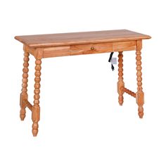 a wooden table with two legs and a drawer on the top, against a white background