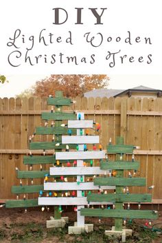 a christmas tree made out of wooden planks with the words diy lighted wooden christmas trees