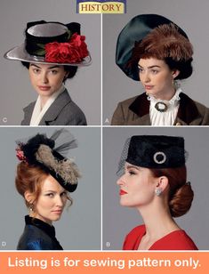 "Sewing Pattern Make Historical Hats for Women Uncut and Factory Folded This listing is for one sewing pattern to make all of the items listed below. Directions and pattern pieces are included. Please note that anything else shown as well as any fabric or supplies needed are not included. These hats will be that finishing touch to your steampunk costume, 1920's throwback style, and more! Sew a beret style hat with contrast decorative knot. Pillbox hat has contrast bow and binding. Victorian hat Vintage Fitted Hat For Costume Party, Elegant Fitted Mini Hats For Costume, Vintage Mini Hats For Costume Party, Elegant Fitted Mini Hats For Costumes, Fitted Fascinator For Costume Occasions, 1920s Hats Women, Steampunk Hats Women, Steampunk Fashion Women, Plus Size Steampunk