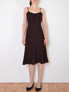 90's polka dot dress, tie up strappy dress with frill, black and red dot print, retro French chic dress medium large Fitted Polka Dot Dress With Spaghetti Straps, Fitted Polka Dot Midi Dress For Date Night, Fitted Sleeveless Polka Dot Midi Dress, Summer Polka Dot Fitted Midi Dress, Summer Fitted Polka Dot Midi Dress, Fitted Polka Dot Midi Sundress, Fitted Polka Dot Midi Dress For Summer, Black Tie-strap Sundress Midi Dress, Vintage Fitted Dress With Tie Straps